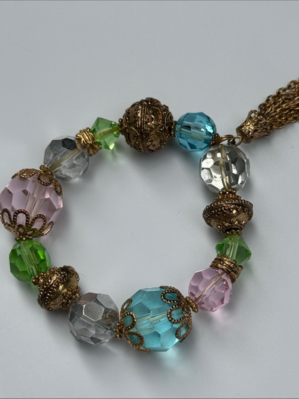 Vintage Multicolor Chunky Faceted Crystal Beaded Bracelet - Gold Tassel accents